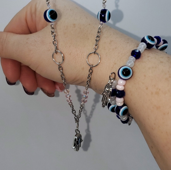TMD - Evil Eye Bracelet / Necklace Set w/ Hamsa Charms - Silver, Pink and Blue - Picture 3 of 8